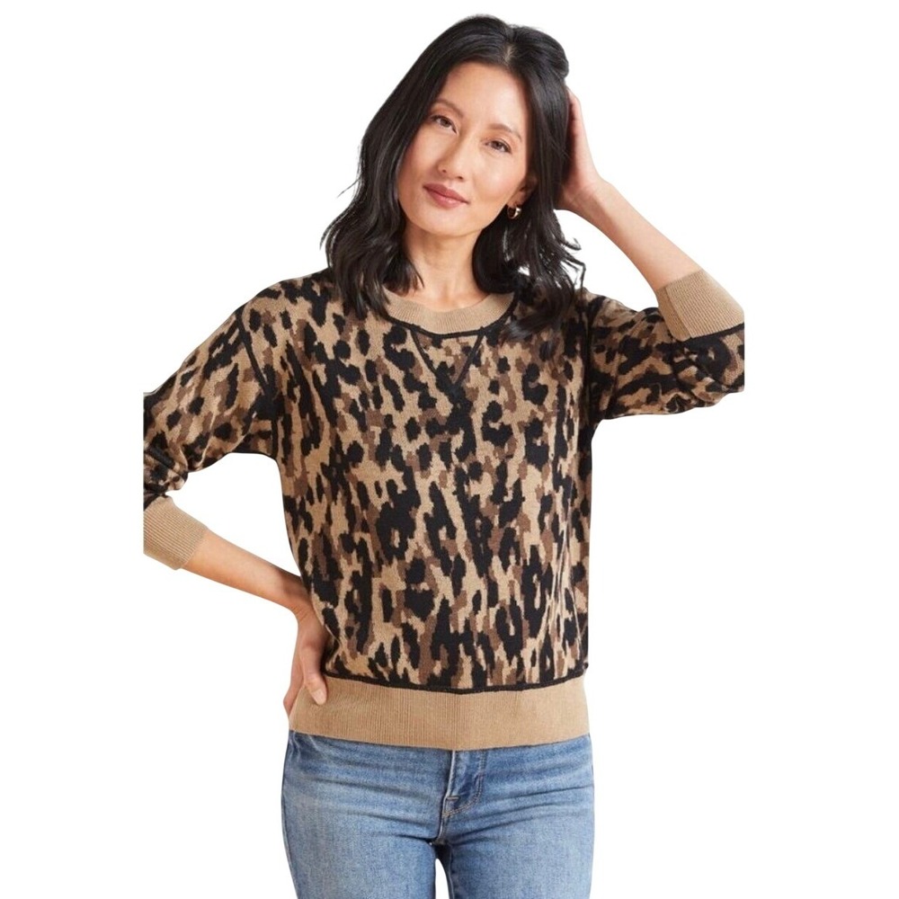 John + Jenn Leopard Print Sweater Women S Tan Excellent Animal Knit Pullover